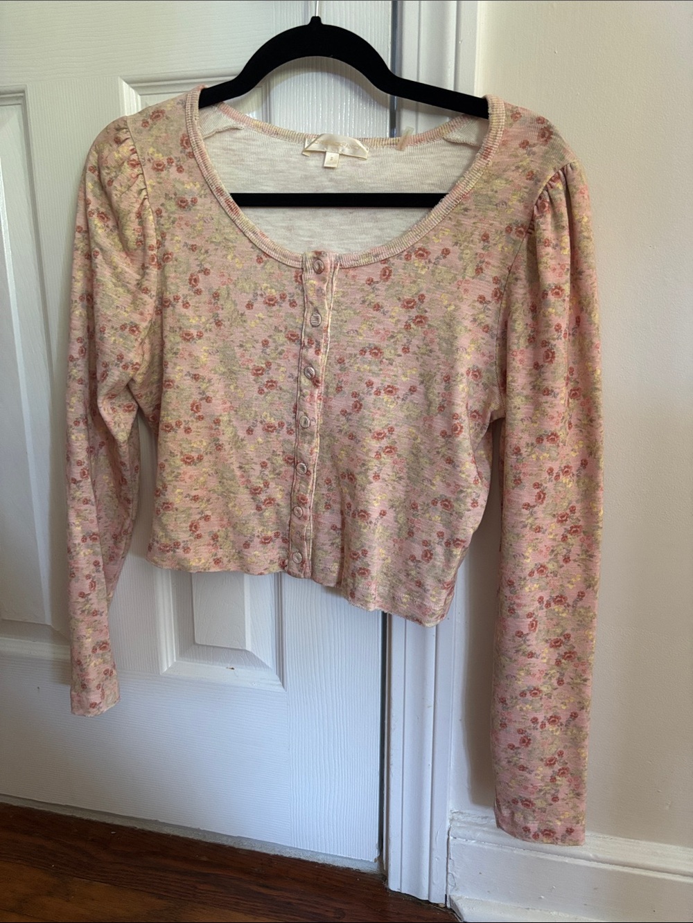 LoveShackFancy Pink Floral Ribbed Henley Top